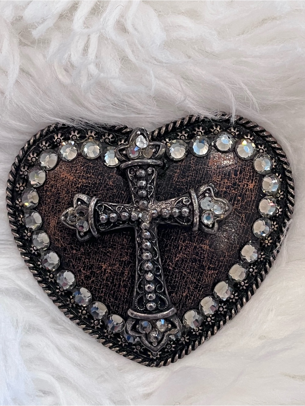 USA made Rustic Heart Shaped Rhinestoned Bling Cross Belt Buckle